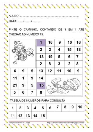 ALUNO: ...........................................................................
DATA: ......./ ......../ ..........
PINTE O CAMINHO, CONTANDO DE 1 EM 1 ATÉ
CHEGAR AO NÚMERO 15.

1

16

9

10

16

2

3

4

15

18

13

19

5

6

7

2

8

3

2

8

12

11

10

9

6

9

5

13

11

1

9

14

21

9

5

15

5

6

7

8

TABELA DE NÚMEROS PARA CONSULTA

1

2

3

4

5

6

7

8

9

10

11 12 13 14 15
Imagens retiradas do Google

http://atividadesdaprofessorabel.blogspot.com.br

 