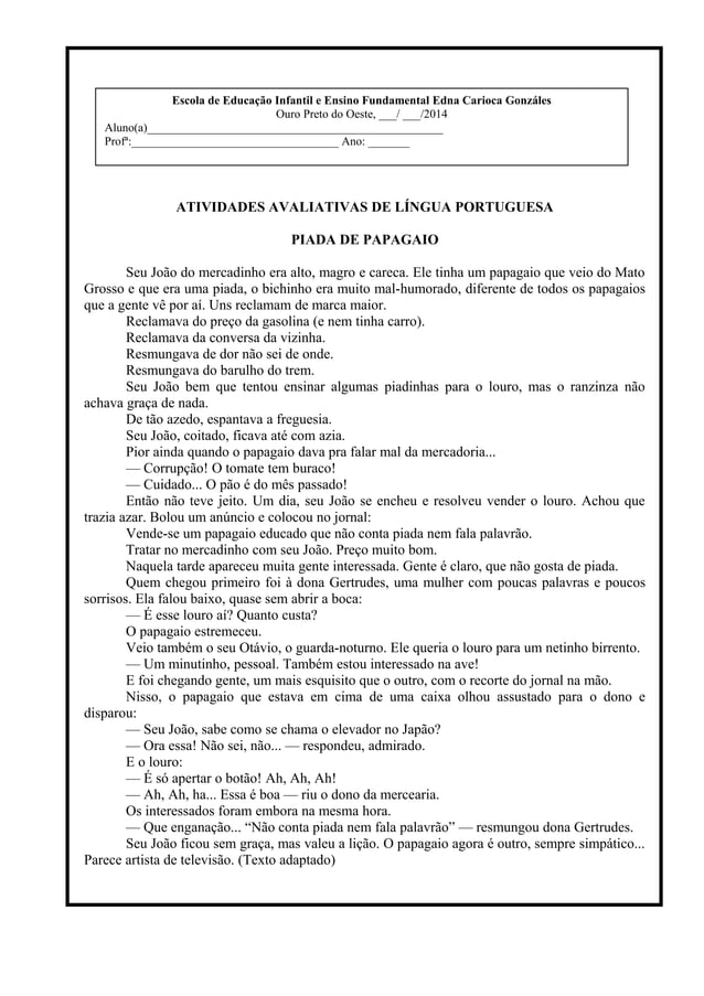 Atividades avaliativas de língua portuguesa | PDF