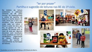 “ler por prazer”
Partilha e sugestão de leituras nas BE do 1º ciclo.
No âmbito da leitura
autónoma e utilização
semanal da BE pelas
turmas, foi implementada
a rotina de partilha de
leituras à turma depois de
cada aluno ler o livro que
escolheu. Esta atividade,
onde cada um refere o
título e autor da obra que
leu, se gostou ou não e
porquê, foi levada para as
salas de aula por algumas
docentes com resultados
muito positivos ao nível do
vocabulário, organização
de ideias, fluência e
riqueza da escrita e
naturalmente na formação
de leitores.
Envolvidas as turmas da EB Palhaça e EB Oliveira do Bairro.
 