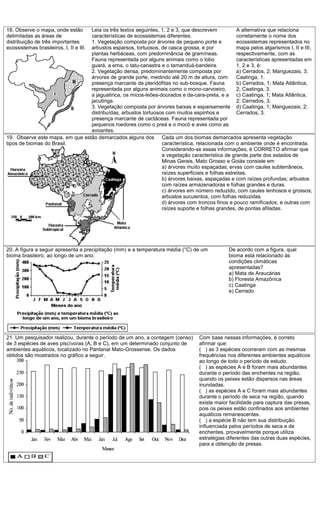 18. Observe o mapa, onde estão   Leia os três textos seguintes, 1, 2 e 3, que descrevem           A alternativa que relaciona
delimitadas as áreas de          características de ecossistemas diferentes.                      corretamente o nome dos
distribuição de três importantes 1. Vegetação composta por árvores de pequeno porte e             ecossistemas representados no
ecossistemas brasileiros, I, II e III.
                                 arbustos esparsos, tortuosos, de casca grossa, e por             mapa pelos algarismos I, II e III,
                                 plantas herbáceas, com predominância de gramíneas.               respectivamente, com as
                                 Fauna representada por alguns animais como o lobo                características apresentadas em
                                 guará, a ema, o tatu-canastra e o tamanduá-bandeira.             1, 2 e 3, é:
                                 2. Vegetação densa, predominantemente composta por               a) Cerrados, 2; Manguezais, 3;
                                 árvores de grande porte, medindo até 20 m de altura, com         Caatinga, 1.
                                 presença marcante de pteridófitas no sub-bosque. Fauna           b) Cerrados, 1; Mata Atlântica,
                                 representada por alguns animais como o mono-carvoeiro,           2; Caatinga, 3.
                                 a jaguatirica, os micos-leões-dourados e da-cara-preta, e a c) Caatinga, 1; Mata Atlântica,
                                 jacutinga.                                                       2; Cerrados, 3.
                                 3. Vegetação composta por árvores baixas e esparsamente d) Caatinga, 1; Manguezais, 2;
                                 distribuídas, arbustos tortuosos com muitos espinhos e           Cerrados, 3.
                                 presença marcante de cactáceas. Fauna representada por
                                 pequenos roedores como o preá e o mocó e aves como as
                                 avoantes.
19. Observe este mapa, em que estão demarcados alguns dos Cada um dos biomas demarcados apresenta vegetação
tipos de biomas do Brasil.                                      característica, relacionada com o ambiente onde é encontrada.
                                                                Considerando-se essas informações, é CORRETO afirmar que
                                                                a vegetação característica de grande parte dos estados de
                                                                Minas Gerais, Mato Grosso e Goiás consiste em
                                                                a) árvores muito espaçadas; ervas com caules subterrâneos,
                                                                raízes superficiais e folhas estreitas.
                                                                b) árvores baixas, espaçadas e com raízes profundas; arbustos
                                                                com raízes armazenadoras e folhas grandes e duras.
                                                                c) árvores em número reduzido, com caules lenhosos e grossos;
                                                                arbustos suculentos, com folhas reduzidas.
                                                                d) árvores com troncos finos e pouco ramificados; e outras com
                                                                raízes suporte e folhas grandes, de pontas afiladas.




20. A figura a seguir apresenta a precipitação (mm) e a temperatura média (°C) de um            De acordo com a figura, qual
bioma brasileiro, ao longo de um ano.                                                           bioma está relacionado às
                                                                                                condições climáticas
                                                                                                apresentadas?
                                                                                                a) Mata de Araucárias
                                                                                                b) Floresta Amazônica
                                                                                                c) Caatinga
                                                                                                e) Cerrado




21. Um pesquisador realizou, durante o período de um ano, a contagem (censo)       Com base nessas informações, é correto
de 3 espécies de aves piscívoras (A, B e C), em um determinado conjunto de         afirmar que:
ambientes aquáticos, localizado no Pantanal Mato-Grossense. Os dados               ( ) as 3 espécies ocorreram com as mesmas
obtidos são mostrados no gráfico a seguir.                                         frequências nos diferentes ambientes aquáticos
                                                                                   ao longo de todo o período de estudo.
                                                                                   ( ) as espécies A e B foram mais abundantes
                                                                                   durante o período das enchentes na região,
                                                                                   quando os peixes estão dispersos nas áreas
                                                                                   inundadas.
                                                                                   ( ) as espécies A e C foram mais abundantes
                                                                                   durante o período de seca na região, quando
                                                                                   existe maior facilidade para captura das presas,
                                                                                   pois os peixes estão confinados aos ambientes
                                                                                   aquáticos remanescentes.
                                                                                   ( ) a espécie B não tem sua distribuição
                                                                                   influenciada pelos períodos de seca e de
                                                                                   enchentes, provavelmente porque utiliza
                                                                                   estratégias diferentes das outras duas espécies,
                                                                                   para a obtenção de presas.
 