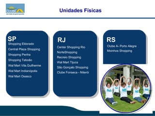 Unidades Físicas Clube A- Porto Alegre Moinhos Shopping RS RJ Center Shopping Rio NorteShopping  Recreio Shopping  Wal Mart Tijuca  São Gonçalo Shopping  Clube Fonseca - Niterói Shopping Eldorado  Central Plaza Shopping  Shopping Penha Shopping Taboão Wal Mart Vila.Guilherme  Wal Mart Indianópolis  Wal Mart Osasco  SP 