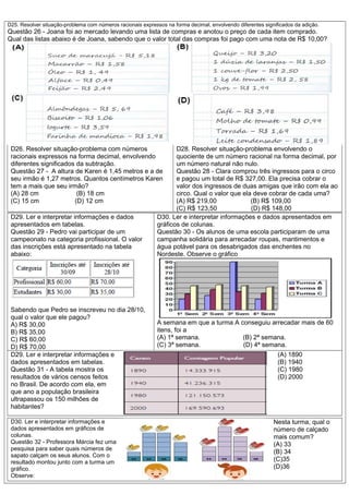 D25. Resolver situação-problema com números racionais expressos na forma decimal, envolvendo diferentes significados da adição.
Questão 26 - Joana foi ao mercado levando uma lista de compras e anotou o preço de cada item comprado.
Qual das listas abaixo é de Joana, sabendo que o valor total das compras foi pago com uma nota de R$ 10,00?
D26. Resolver situação-problema com números
racionais expressos na forma decimal, envolvendo
diferentes significados da subtração.
Questão 27 - A altura de Karen é 1,45 metros e a de
seu irmão é 1,27 metros. Quantos centímetros Karen
tem a mais que seu irmão?
(A) 28 cm (B) 18 cm
(C) 15 cm (D) 12 cm
D28. Resolver situação-problema envolvendo o
quociente de um número racional na forma decimal, por
um número natural não nulo.
Questão 28 - Clara comprou três ingressos para o circo
e pagou um total de R$ 327,00. Ela precisa cobrar o
valor dos ingressos de duas amigas que irão com ela ao
circo. Qual o valor que ela deve cobrar de cada uma?
(A) R$ 219,00 (B) R$ 109,00
(C) R$ 123,50 (D) R$ 148,00
D29. Ler e interpretar informações e dados
apresentados em tabelas.
Questão 29 - Pedro vai participar de um
campeonato na categoria profissional. O valor
das inscrições está apresentado na tabela
abaixo:
Sabendo que Pedro se inscreveu no dia 28/10,
qual o valor que ele pagou?
A) R$ 30,00
B) R$ 35,00
C) R$ 60,00
D) R$ 70,00
D30. Ler e interpretar informações e dados apresentados em
gráficos de colunas.
Questão 30 - Os alunos de uma escola participaram de uma
campanha solidária para arrecadar roupas, mantimentos e
água potável para os desabrigados das enchentes no
Nordeste. Observe o gráfico
A semana em que a turma A conseguiu arrecadar mais de 60
itens, foi a
(A) 1ª semana. (B) 2ª semana.
(C) 3ª semana. (D) 4ª semana.
D29. Ler e interpretar informações e
dados apresentados em tabelas.
Questão 31 - A tabela mostra os
resultados de vários censos feitos
no Brasil. De acordo com ela, em
que ano a população brasileira
ultrapassou os 150 milhões de
habitantes?
(A) 1890
(B) 1940
(C) 1980
(D) 2000
D30. Ler e interpretar informações e
dados apresentados em gráficos de
colunas.
Questão 32 - Professora Márcia fez uma
pesquisa para saber quais números de
sapato calçam os seus alunos. Com o
resultado montou junto com a turma um
gráfico.
Observe:
Nesta turma, qual o
número de calçado
mais comum?
(A) 33
(B) 34
(C)35
(D)36
 