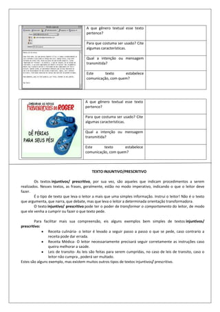 A que gênero textual esse texto
                                       pertence?

                                       Para que costuma ser usado? Cite
                                       algumas características.

                                       Qual a intenção ou mensagem
                                       transmitida?

                                       Este      texto     estabelece
                                       comunicação, com quem?




                                      A que gênero textual esse texto
                                      pertence?

                                      Para que costuma ser usado? Cite
                                      algumas características.

                                      Qual a intenção ou mensagem
                                      transmitida?

                                      Este      texto      estabelece
                                      comunicação, com quem?



                                          TEXTO INJUNTIVO/PRESCRITIVO

        Os textos injuntivos/ prescritivo, por sua vez, são aqueles que indicam procedimentos a serem
realizados. Nesses textos, as frases, geralmente, estão no modo imperativo, indicando o que o leitor deve
fazer.
        É o tipo de texto que leva o leitor a mais que uma simples informação. Instrui o leitor! Não é o texto
que argumenta, que narra, que debate, mas que leva o leitor a determinada orientação transformadora.
        O texto injuntivo/ prescritivo pode ter o poder de transformar o comportamento do leitor, de modo
que ele venha a cumprir ou fazer o que texto pede.

        Para facilitar mais sua compreensão, eis alguns exemplos bem simples de textos injuntivos/
prescritivo:
                Receita culinária- o leitor é levado a seguir passo a passo o que se pede, caso contrario a
                receita pode dar errada.
                Receita Médica- O leitor necessariamente precisará seguir corretamente as instruções caso
                queira melhorar a saúde.
                Leis de transito- As leis são feitas para serem cumpridas, no caso de leis de transito, caso o
                leitor não cumpra , poderá ser multado.
Estes são alguns exemplo, mas existem muitos outros tipos de textos injuntivos/ prescritivo.
 