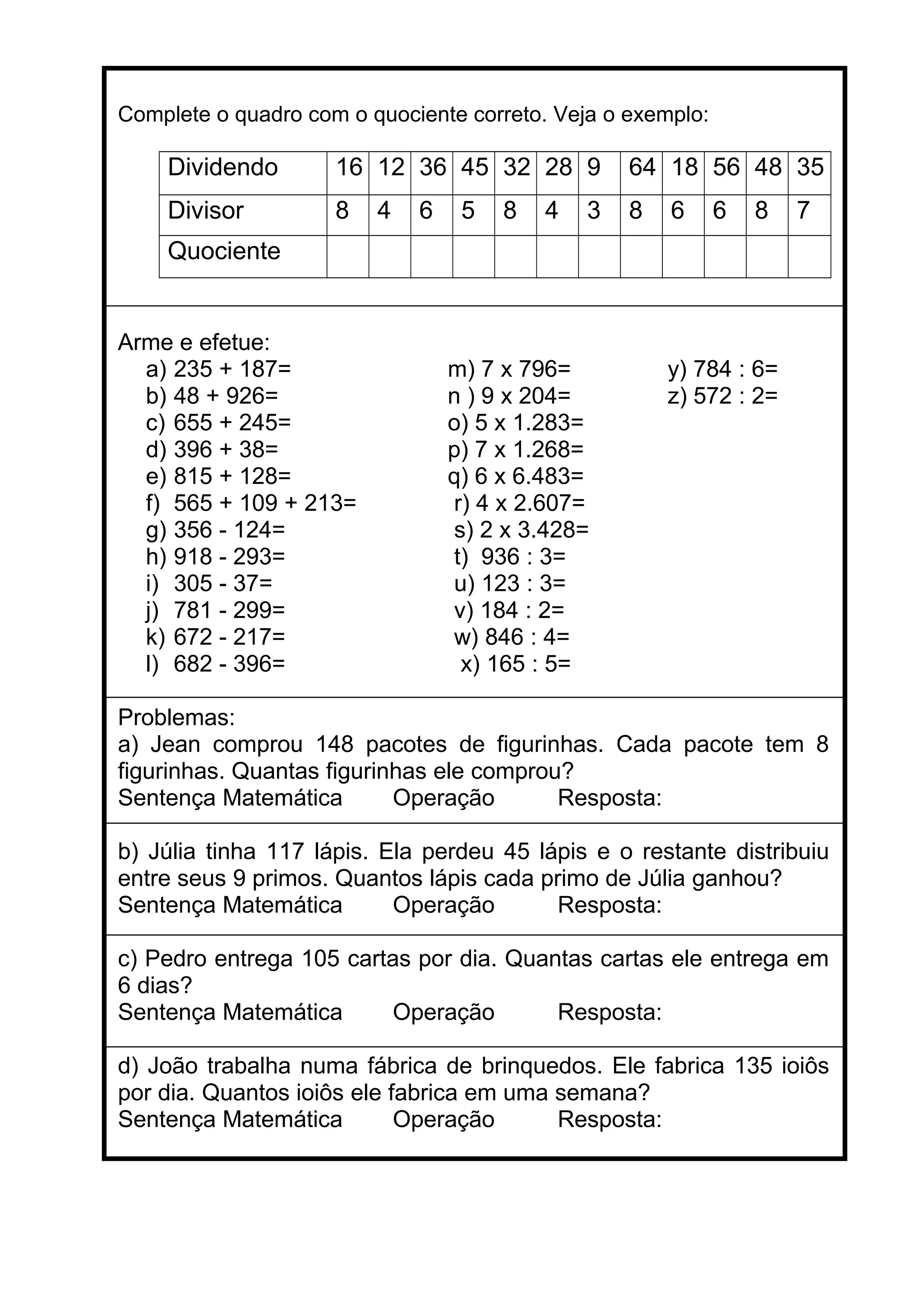Atividades de fixação multiplicação e divisão | DOC