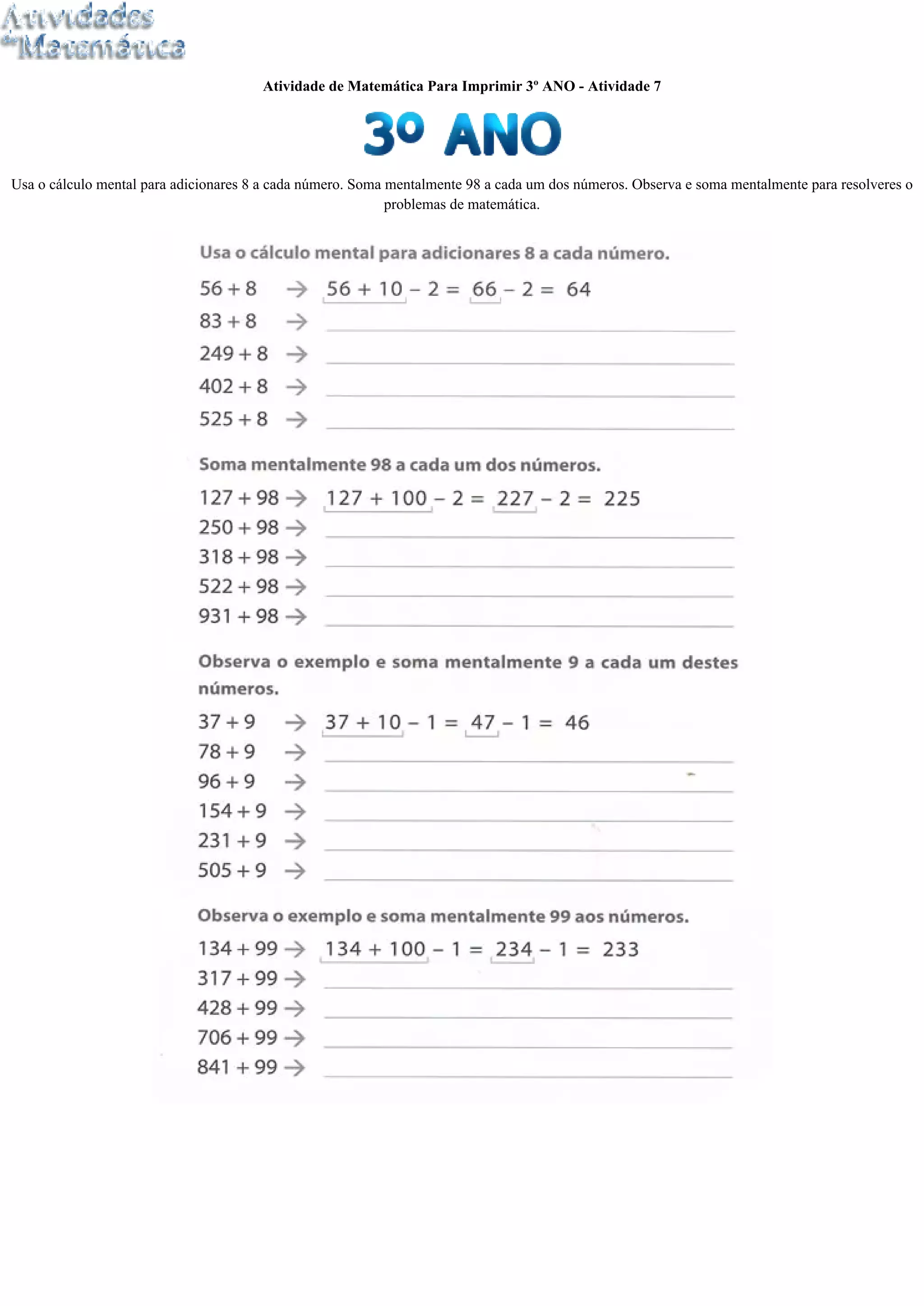 Atividades de matematica para imprimir 3º ano atividade 7 | PDF