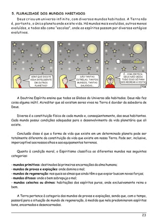5. PLURALIDADE DOS MUNDOS HABITADOS
Deus criou um universo infinito, com diversos mundos habitados. A Terra não
é, portanto, o único planeta onde existe vida. Há mundos mais evoluídos, outros menos
evoluídos, e todos são como “escolas”, onde os espíritos passam por diversos estágios
evolutivos.
FIM
Clso036éi
SERÁ QUE EXISTE
VIDA INTELIGENTE
EM OUTROS
PLANETAS?
SÃO TANTAS
ESTRELAS, TANTOS
MUNDOS, TANTAS
GALÁXIAS...
É... COM CERTEZA,
DEUS NÃO CRIOU
TUDO ISSO SÓ PARA
NOS RECREAR A VISTA!
A Doutrina Espírita ensina que todos os Globos do Universo são habitados. Deus não fez
coisa alguma inútil. Acreditar que só existam seres vivos na Terra é duvidar da sabedoria de
Deus.
Diversa é a constituição física de cada mundo e, conseqüentemente, dos seus habitantes.
Cada mundo possui condições adequadas para o desenvolvimento da vida planetária que ali
existe.
Conclusão disso é que a forma de vida que existe em um determinado planeta pode ser
totalmente diferente da constituição da vida que existe em nossa Terra. Pode ser, inclusive,
imperceptível aos nossos olhos e aos equipamentos terrenos.
Quanto à condição moral, o Espiritismo classifica os diferentes mundos nas seguintes
categorias:
- mundos primitivos: destinados às primeiras encarnações da alma humana;
- mundos de provas e expiações: onde domina o mal;
- mundos de regeneração: nos quais as almas que ainda têm o que expiar buscam novas forças;
- mundos ditosos: onde o bem sobrepuja o mal;
- mundos celestes ou divinos: habitações dos espíritos puros, onde exclusivamente reina o
bem.
A Terra pertence à categoria dos mundos de provas e expiações, sendo que, com o tempo,
passará para a situação de mundo de regeneração, à medida que nela predominarem espíritos
bons, encarnados e desencarnados.
23
 