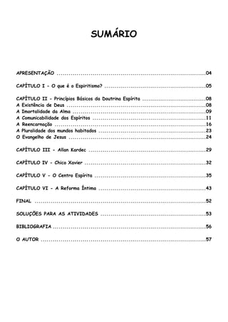 SUMÁRIO
APRESENTAÇÃO ...........................................................................04
CAPÍTULO I - O que é o Espiritismo? ...................................................05
CAPÍTULO II - Princípios Básicos da Doutrina Espírita ................................08
A Existência de Deus ......................................................................08
A Imortalidade da Alma ...................................................................09
A Comunicabilidade dos Espíritos .........................................................11
A Reencarnação ............................................................................16
A Pluralidade dos mundos habitados ......................................................23
O Evangelho de Jesus .....................................................................24
CAPÍTULO III - Allan Kardec ...........................................................29
CAPÍTULO IV - Chico Xavier .............................................................32
CAPÍTULO V - O Centro Espírita ........................................................35
CAPÍTULO VI - A Reforma Íntima ......................................................43
FINAL ......................................................................................52
SOLUÇÕES PARA AS ATIVIDADES .....................................................53
BIBLIOGRAFIA .............................................................................56
O AUTOR ...................................................................................57
 
