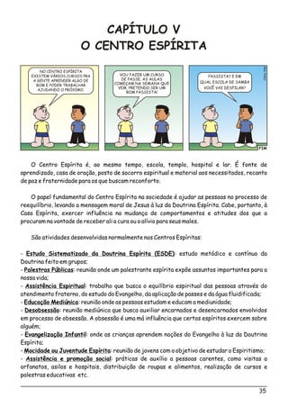 CAPÍTULO V
O CENTRO ESPÍRITA
O Centro Espírita é, ao mesmo tempo, escola, templo, hospital e lar. É fonte de
aprendizado, casa de oração, posto de socorro espiritual e material aos necessitados, recanto
de paz e fraternidade para os que buscam reconforto.
O papel fundamental do Centro Espírita na sociedade é ajudar as pessoas no processo de
reequilíbrio, levando a mensagem moral de Jesus à luz da Doutrina Espírita. Cabe, portanto, à
Casa Espírita, exercer influência na mudança de comportamentos e atitudes dos que a
procuram na vontade de receber ali a cura ou o alívio para seus males.
São atividades desenvolvidas normalmente nos Centros Espíritas:
- Estudo Sistematizado da Doutrina Espírita (ESDE): estudo metódico e contínuo da
Doutrina feito em grupos;
- Palestras Públicas: reunião onde um palestrante espírita expõe assuntos importantes para a
nossa vida;
- Assistência Espiritual: trabalho que busca o equilíbrio espiritual das pessoas através do
atendimento fraterno, do estudo do Evangelho, da aplicação de passes e da água fluidificada;
- Educação Mediúnica: reunião onde as pessoas estudam e educam a mediunidade;
- Desobsessão: reunião mediúnica que busca auxiliar encarnados e desencarnados envolvidos
em processo de obsessão. A obsessão é uma má influência que certos espíritos exercem sobre
alguém;
- Evangelização Infantil: onde as crianças aprendem noções do Evangelho à luz da Doutrina
Espírita;
- Mocidade ou Juventude Espírita: reunião de jovens com o objetivo de estudar o Espiritismo;
- Assistência e promoção social: práticas de auxílio a pessoas carentes, como visitas a
orfanatos, asilos e hospitais, distribuição de roupas e alimentos, realização de cursos e
palestras educativas etc.
FIM
o8Clési04
NO CENTRO ESPÍRITA
EXISTEM VÁRIOS CURSOS PRA
A GENTE APRENDER ALGO DE
BOM E PODER TRABALHAR
AJUDANDO O PRÓXIMO.
VOU FAZER UM CURSO
DE PASSE. AS AULAS
COMEÇAM NA SEMANA QUE
VEM. PRETENDO SER UM
BOM PASSISTA!
PASSISTA? E EM
QUAL ESCOLA DE SAMBA
VOCÊ VAI DESFILAR?
35
 