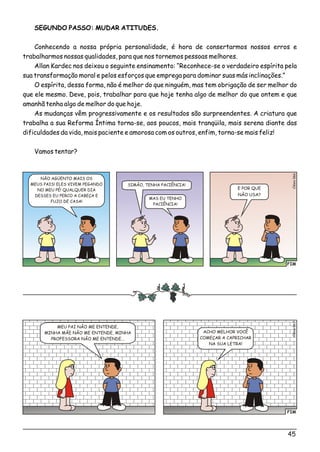 SEGUNDO PASSO: MUDAR ATITUDES.
Conhecendo a nossa própria personalidade, é hora de consertarmos nossos erros e
trabalharmos nossas qualidades, para que nos tornemos pessoas melhores.
Allan Kardec nos deixou o seguinte ensinamento: “Reconhece-se o verdadeiro espírita pela
sua transformação moral e pelos esforços que emprega para dominar suas más inclinações.”
O espírita, dessa forma, não é melhor do que ninguém, mas tem obrigação de ser melhor do
que ele mesmo. Deve, pois, trabalhar para que hoje tenha algo de melhor do que ontem e que
amanhã tenha algo de melhor do que hoje.
As mudanças vêm progressivamente e os resultados são surpreendentes. A criatura que
trabalha a sua Reforma Íntima torna-se, aos poucos, mais tranqüila, mais serena diante das
dificuldades da vida, mais paciente e amorosa com os outros, enfim, torna-se mais feliz!
Vamos tentar?
FIM
o6Clési06
E POR QUE
NÃO USA?
NÃO AGÜENTO MAIS OS
MEUS PAIS! ELES VIVEM PEGANDO
NO MEU PÉ! QUALQUER DIA
DESSES EU PERCO A CABEÇA E
FUJO DE CASA!
SIMÃO, TENHA PACIÊNCIA!
MAS EU TENHO
PACIÊNCIA!
FIM
lso7Céi06
MEU PAI NÃO ME ENTENDE,
MINHA MÃE NÃO ME ENTENDE, MINHA
PROFESSORA NÃO ME ENTENDE...
ACHO MELHOR VOCÊ
COMEÇAR A CAPRICHAR
NA SUA LETRA!
45
 