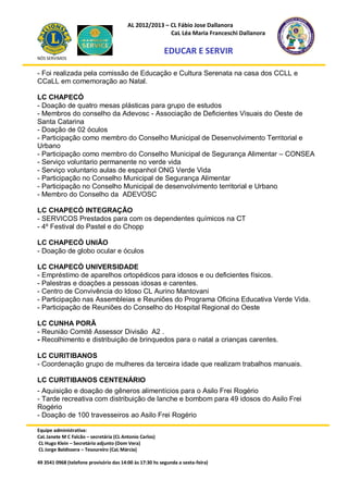 AL 2012/2013 – CL Fábio Jose Dallanora
                                                        CaL Léa Maria Franceschi Dallanora

                                                         EDUCAR E SERVIR
NÓS SERVIMOS


- Foi realizada pela comissão de Educação e Cultura Serenata na casa dos CCLL e
CCaLL em comemoração ao Natal.

LC CHAPECÓ
- Doação de quatro mesas plásticas para grupo de estudos
- Membros do conselho da Adevosc - Associação de Deficientes Visuais do Oeste de
Santa Catarina
- Doação de 02 óculos
- Participação como membro do Conselho Municipal de Desenvolvimento Territorial e
Urbano
- Participação como membro do Conselho Municipal de Segurança Alimentar – CONSEA
- Serviço voluntario permanente no verde vida
- Serviço voluntario aulas de espanhol ONG Verde Vida
- Participação no Conselho Municipal de Segurança Alimentar
- Participação no Conselho Municipal de desenvolvimento territorial e Urbano
- Membro do Conselho da ADEVOSC

LC CHAPECÓ INTEGRAÇÃO
- SERVICOS Prestados para com os dependentes químicos na CT
- 4º Festival do Pastel e do Chopp

LC CHAPECÓ UNIÃO
- Doação de globo ocular e óculos

LC CHAPECÓ UNIVERSIDADE
- Empréstimo de aparelhos ortopédicos para idosos e ou deficientes físicos.
- Palestras e doações a pessoas idosas e carentes.
- Centro de Convivência do Idoso CL Aurino Mantovani
- Participação nas Assembleias e Reuniões do Programa Oficina Educativa Verde Vida.
- Participação de Reuniões do Conselho do Hospital Regional do Oeste

LC CUNHA PORÃ
- Reunião Comitê Assessor Divisão A2 .
- Recolhimento e distribuição de brinquedos para o natal a crianças carentes.

LC CURITIBANOS
- Coordenação grupo de mulheres da terceira idade que realizam trabalhos manuais.

LC CURITIBANOS CENTENÁRIO
- Aquisição e doação de gêneros alimentícios para o Asilo Frei Rogério
- Tarde recreativa com distribuição de lanche e bombom para 49 idosos do Asilo Frei
Rogério
- Doação de 100 travesseiros ao Asilo Frei Rogério

Equipe administrativa:
CaL Janete M C Falcão – secretária (CL Antonio Carlos)
CL Hugo Klein – Secretário adjunto (Dom Vera)
CL Jorge Baldissera – Tesoureiro (CaL Márcia)

49 3541 0968 (telefone provisório das 14:00 às 17:30 hs segunda a sexta-feira)
 