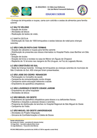 AL 2012/2013 – CL Fábio Jose Dallanora
                                                        CaL Léa Maria Franceschi Dallanora

                                                         EDUCAR E SERVIR
NÓS SERVIMOS


- Entrega de brinquedos e roupas, cama com colchão e cestas de alimentos para família
carente

LC SALTO VELOSO
- Doação de óculos
- Atividades de leitura
- Realização de testes de visão.

LC SANTA CECÍLIA
- Distribuição de mais de 1000 brinquedos e cestas básicas de natal para crianças
carentes

LC SÃO CARLOS ROTA DAS TERMAS
- Doação de calcados e roupas para família carente
- Distribuição de presentes aos idosos internados no Hospital Padra Joao Berthier em São
Carlos.
- Doação de óculos
- Doação de livros e revistas na casa do Menor em Águas de Chapecó
- Replantio de 12 árvores nas margens do Rio Uruguai, na Foz do Lageado Morais.

LC SÃO CRISTÓVÃO DO SUL
- Natal da Criança Carente- Entrega de brinquedos as crianças carentes do município de
São Cristóvão do Sul, 450 crianças foram presenteadas.

LC SÃO JOSE DO CEDRO RENASCER
- Participação no Conselho da saúde
- Campanha de conscientização contra drogas
- Campanha sobre educação referente a saúde
- Empréstimo de aparelhos ortopédicos

LC SÃO LOURENÇO D’OESTE CIDADE JARDIM
- Empréstimo de cama hospitalar
- Atividades de leitura

LC SÃO MIGUEL DO OESTE
- Empréstimo de aparelhos ortopédicos para idosos e ou deficientes físicos.
- Palestras e doações a pessoas idosas e carentes.
- Programa de distribuição de lanches no Hospital Regional de São Miguel do Oeste
- Campanha da Visão.

LC SÃO MIGUEL DO OESTE UNIVERSIDADE
- Atividades do Projeto Integração
- Gincana de Confraternização e Coleta de Doces

Equipe administrativa:
CaL Janete M C Falcão – secretária (CL Antonio Carlos)
CL Hugo Klein – Secretário adjunto (Dom Vera)
CL Jorge Baldissera – Tesoureiro (CaL Márcia)

49 3541 0968 (telefone provisório das 14:00 às 17:30 hs segunda a sexta-feira)
 