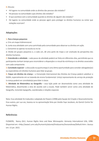 10
Atividades Direitos Humanos
4. Discuta:
• Há lugares na comunidade onde os direitos das pessoas são violados?
• Há pessoas na comunidade cujos direitos são violados?
• O que acontece com a comunidade quando os direitos de alguém são violados?
• Há lugares na comunidade onde as pessoas agem para proteger os direitos humanos ou evitar que
violações ocorram?
Adaptações
1. Para crianças pequenas
a. Crie um mapa tridimensional.
b. Junte essa atividade com uma caminhada pela comunidade para observar os direitos em ação.
c. Concentre-se apenas na escola ou no lar.
d. Divida em grupos pequenos e, a cada um, dê uma parte do mapa a ser analisada da perspectiva dos
direitos humanos.
2. Estendendo a atividade – cada passo da atividade poderá ser feito em diferentes dias, permitindo que os
participantes tenham tempo para reconsiderar a disposição e o visual da vizinhança e os direitos associados
com cada componente.
3. Convidado especial – a discussão na quarta etapa é uma ótima oportunidade para convidar advogados(as)
ou especialistas em direitos humanos para falar ao grupo.
4. Foque em direitos da criança – a Convenção Internacional dos Direitos da Criança poderá substituir o
DUDH, especialmente em se tratando de ensino fundamental. Um(a) representante do serviço de proteção
à criança poderá ser convidado(a) para falar à classe.
5. Atividade de Matemática ou Geografia – essa lição pode ser desenvolvida como uma atividade de
Matemática, desenhando a área de acordo com a escala. Pode também servir como uma atividade de
Geografia, incluindo topografia, coordenadas e relações espaciais
Nota: Essa atividade foi traduzida e adaptada de Flowers (1998) pela Equipe de Criação e Desenvolvimento.
Essa autora, por sua vez, baseou-se na apresentação feita por Anette Faye Jacobsen, do Danish Centre for
Human Rights.
Referências
FLOWERS, Nancy (Ed.). Human Rights Here and Now. Minneapolis: Amnesty International USA, 1998.
Disponível em: <http://www1.umn.edu/humanrts/edumat/hreduseries/hereandnow/Default.htm>. Acesso
em: 13 jan. 2015.
 