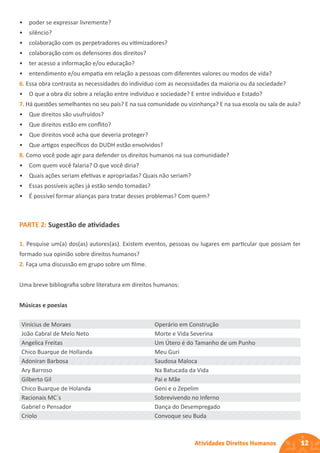 12
Atividades Direitos Humanos
• poder se expressar livremente?
• silêncio?
• colaboração com os perpetradores ou vitimizadores?
• colaboração com os defensores dos direitos?
• ter acesso a informação e/ou educação?
• entendimento e/ou empatia em relação a pessoas com diferentes valores ou modos de vida?
6. Essa obra contrasta as necessidades do indivíduo com as necessidades da maioria ou da sociedade?
• O que a obra diz sobre a relação entre indivíduo e sociedade? E entre indivíduo e Estado?
7. Há questões semelhantes no seu país? E na sua comunidade ou vizinhança? E na sua escola ou sala de aula?
• Que direitos são usufruídos?
• Que direitos estão em conflito?
• Que direitos você acha que deveria proteger?
• Que artigos específicos do DUDH estão envolvidos?
8. Como você pode agir para defender os direitos humanos na sua comunidade?
• Com quem você falaria? O que você diria?
• Quais ações seriam efetivas e apropriadas? Quais não seriam?
• Essas possíveis ações já estão sendo tomadas?
• É possível formar alianças para tratar desses problemas? Com quem?
PARTE 2: Sugestão de atividades
1. Pesquise um(a) dos(as) autores(as). Existem eventos, pessoas ou lugares em particular que possam ter
formado sua opinião sobre direitos humanos?
2. Faça uma discussão em grupo sobre um filme.
Uma breve bibliografia sobre literatura em direitos humanos:
Músicas e poesias
Vinícius de Moraes Operário em Construção
João Cabral de Melo Neto Morte e Vida Severina
Angelica Freitas Um Útero é do Tamanho de um Punho
Chico Buarque de Hollanda Meu Guri
Adoniran Barbosa Saudosa Maloca
Ary Barroso Na Batucada da Vida
Gilberto Gil Pai e Mãe
Chico Buarque de Holanda Geni e o Zepelim
Racionais MC´s Sobrevivendo no Inferno
Gabriel o Pensador Dança do Desempregado
Criolo Convoque seu Buda
 