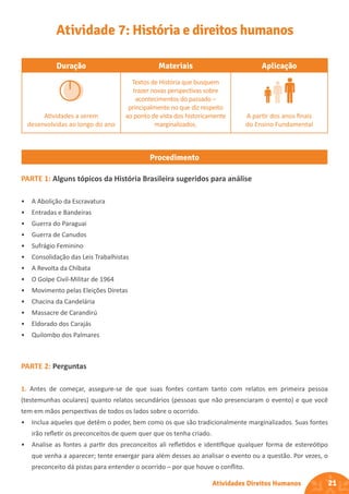 21
Atividades Direitos Humanos
Duração Materiais Aplicação
Atividades a serem
desenvolvidas ao longo do ano
Textos de História que busquem
trazer novas perspectivas sobre
acontecimentos do passado –
principalmente no que diz respeito
ao ponto de vista dos historicamente
marginalizados.
A partir dos anos finais
do Ensino Fundamental
Procedimento
Atividade 7: História e direitos humanos
PARTE 1: Alguns tópicos da História Brasileira sugeridos para análise
• A Abolição da Escravatura
• Entradas e Bandeiras
• Guerra do Paraguai
• Guerra de Canudos
• Sufrágio Feminino
• Consolidação das Leis Trabalhistas
• A Revolta da Chibata
• O Golpe Civil-Militar de 1964
• Movimento pelas Eleições Diretas
• Chacina da Candelária
• Massacre de Carandirú
• Eldorado dos Carajás
• Quilombo dos Palmares
PARTE 2: Perguntas
1. Antes de começar, assegure-se de que suas fontes contam tanto com relatos em primeira pessoa
(testemunhas oculares) quanto relatos secundários (pessoas que não presenciaram o evento) e que você
tem em mãos perspectivas de todos os lados sobre o ocorrido.
• Inclua aqueles que detêm o poder, bem como os que são tradicionalmente marginalizados. Suas fontes
irão refletir os preconceitos de quem quer que os tenha criado.
• Analise as fontes a partir dos preconceitos ali refletidos e identifique qualquer forma de estereótipo
que venha a aparecer; tente enxergar para além desses ao analisar o evento ou a questão. Por vezes, o
preconceito dá pistas para entender o ocorrido – por que houve o conflito.
 
