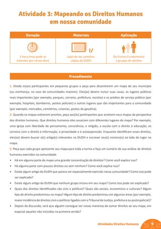9
Atividades Direitos Humanos
Duração Materiais Aplicação
1 hora (mas pode se
estender por vários dias)
Lápis de cor, cartolina,
cópias da DUDH
Do Ensino Fundamental
a grupos de adultos
Procedimento
Atividade 3: Mapeando os Direitos Humanos
em nossa comunidade
1. Divida os(as) participantes em pequenos grupos e peça para desenharem um mapa de seu município
(ou vizinhança, no caso de comunidades maiores). Eles(as) devem incluir suas casas, os lugares públicos
mais importantes (por exemplo, parques, correios, prefeitura, escolas) e os prédios de serviço público (por
exemplo, hospitais, bombeiros, postos policiais) e outros lugares que são importantes para a comunidade
(por exemplo, mercados, cemitérios, cinemas, postos de gasolina).
2. Quando os mapas estiverem prontos, peça aos(às) participantes que analisem seus mapas da perspectiva
dos direitos humanos. Que direitos humanos eles associam com diferentes lugares do mapa? Por exemplo,
uma igreja com liberdade de pensamento, consciência, e religião; a escola com o direito à educação; os
correios com o direito à informação, à privacidade e à autoexpressão. Enquanto identificam esses direitos,
eles(as) devem buscar o(s) artigo(s) relevantes na DUDH e escrever seu(s) número(s) ao lado do lugar no
mapa.
3. Peça que cada grupo apresente seu mapa para toda a turma e faça um sumário de sua análise de direitos
humanos exercidos na comunidade.
• Há em alguma parte do mapa uma grande concentração de direitos? Como você explica isso?
• Há alguma parte com poucos direitos ou sem nenhum? Como você explica isso?
• Existe algum artigo da DUDH que parece ser especialmente exercido nessa comunidade? Como isso pode
ser explicado?
• Existe algum artigo da DUDH que nenhum grupo incluiu em seu mapa? Como isso pode ser explicado?
• Quais dos direitos identificados são civis e políticos? Quais são sociais, economicos e culturais? Algum
tipo de direito predominou no mapa? Algum tipo de direito predominou em algumas áreas (por exemplo,
maior incidência de direitos civis e políticos ligados com o Tribunal de Justiça, prefeitura ou posto policial)?
• Depois da discussão, será que alguém consegue ver novas maneiras de somar direitos ao seu mapa, em
especial aqueles não incluídos na primeira versão?
 