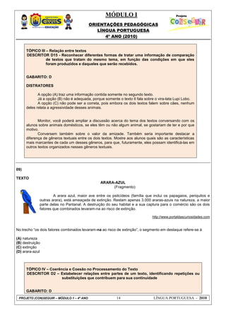 MÓDULO I
ORIENTAÇÕES PEDAGÓGICAS
LÍNGUA PORTUGUESA
4º ANO (2010)
PROJETO (CON)SEGUIR – MÓDULO 1 – 4º ANO 14 LÍNGUA PORTUGUESA - 2010
TÒPICO III – Relação entre textos
DESCRITOR D15 - Reconhecer diferentes formas de tratar uma informação de comparação
de textos que tratam do mesmo tema, em função das condições em que eles
foram produzidos e daqueles que serão recebidos.
GABARITO: D
DISTRATORES
A opção (A) traz uma informação contida somente no segundo texto.
Já a opção (B) não é adequada, porque somente o texto II fala sobre o vira-lata Lupi Lobo.
A opção (C) não pode ser a correta, pois embora os dois textos falem sobre cães, nenhum
deles relata a agressividade desses animais.
Monitor, você poderá ampliar a discussão acerca do tema dos textos conversando com os
alunos sobre animais domésticos, se eles têm ou não algum animal, se gostariam de ter e por que
motivo.
Conversem também sobre o valor da amizade. Também seria importante destacar a
diferença de gêneros textuais entre os dois textos. Mostre aos alunos quais são as características
mais marcantes de cada um desses gêneros, para que, futuramente, eles possam identificá-las em
outros textos organizados nesses gêneros textuais.
09)
TEXTO
ARARA-AZUL
(Fragmento)
A arara azul, maior ave entre os psitcídeos (família que inclui os papagaios, periquitos e
outras arara), está ameaçada de extinção. Restam apenas 3.000 araras-azuis na natureza, a maior
parte delas no Pantanal. A destruição do seu habitat e a sua captura para o comércio são os dois
fatores que combinados levaram-na ao risco de extinção.
http://www.portaldascuriosidades.com
No trecho ―os dois fatores combinados levaram-na ao risco de extinção‖, o segmento em destaque refere-se à
(A) natureza
(B) destruição
(C) extinção
(D) arara-azul
TÓPICO IV – Coerência e Coesão no Processamento do Texto
DESCRITOR D2 – Estabelecer relações entre partes de um texto, identificando repetições ou
substituições que contribuem para sua continuidade
GABARITO: D
 
