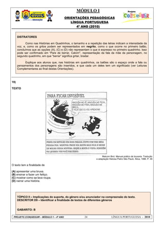 MÓDULO I
ORIENTAÇÕES PEDAGÓGICAS
LÍNGUA PORTUGUESA
4º ANO (2010)
PROJETO (CON)SEGUIR – MÓDULO 1 – 4º ANO 24 LÍNGUA PORTUGUESA - 2010
DISTRATORES
Como nas Histórias em Quadrinhos, o tamanho e a repetição das letras indicam a intensidade da
voz, e, como os gritos podem ser representados em negrito, como o que ocorre no primeiro balão,
concluímos que as opções (A), (C) e (D) não representam o que é expresso no primeiro quadrinho. Isso
pode ser confirmado em ―Pare de berrar, Calvin!‖, representação da fala da mãe da personagem, no
segundo quadrinho, em que ―berrar‖ significa gritar, bradar.
.
Explique aos alunos que, nas histórias em quadrinhos, os balões são o espaço onde a fala ou
pensamentos dos personagens são inseridos, e que cada um deles tem um significado (ver Leituras
Complementares ao final destas Orientações).
19)
TEXTO
Malcom Bird. Manual prático de bruxaria. Tradução
e adaptação Heloisa Pietro São Paulo: Ática, 1996. P. 49
O texto tem a finalidade de
(A) apresentar uma bruxa.
(B) ensinar a fazer um feitiço.
(C) mostrar como se lava roupa.
(D) narrar uma história.
TÓPICO II – Implicações do suporte, do gênero e/ou anunciador na compreensão do texto.
DESCRITOR D9 – Identificar a finalidade de textos de diferentes gêneros
GABARITO: B
 