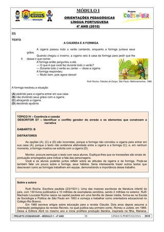 MÓDULO I
ORIENTAÇÕES PEDAGÓGICAS
LÍNGUA PORTUGUESA
4º ANO (2010)
PROJETO (CON)SEGUIR – MÓDULO 1 – 4º ANO 28 LÍNGUA PORTUGUESA - 2010
22)
TEXTO
5
A CIGARRA E A FORMIGA
A cigarra passou todo o verão cantando, enquanto a formiga juntava seus
grãos.
Quando chegou o inverno, a cigarra veio à casa da formiga para pedir que lhe
desse o que comer.
A formiga então perguntou a ela:
— O que é que você fez durante todo o verão?
— Durante todo o verão eu cantei — disse a cigarra.
A formiga respondeu:
— Muito bem, pois agora dance!
Ruth Rocha. Fábulas de Esopo. São Paulo: Melhoramentos, 1986.
A formiga resolveu a situação
(A) pedindo para a cigarra entrar em sua casa.
(B) não dividindo seus grãos com a cigarra.
(C) abraçando a cigarra.
(D) decidindo ajudá-la
Sobre a autora
Ruth Rocha. Escritora paulista (2/3/1931-). Uma das maiores escritoras de literatura infantil do
país, com 130 livros publicados e 10 milhões de exemplares vendidos, sendo 2 milhões no exterior. Ruth
Machado Louzada Rocha nasce na capital paulista em uma família de classe média, forma-se na Escola
de Sociologia e Política de São Paulo em 1953 e começa a trabalhar como orientadora educacional no
Colégio Rio Branco.
Em 1965 escreve artigos sobre educação para a revista Claudia. Dois anos depois assume a
orientação pedagógica da revista Recreio, na qual publica seu primeiro conto, Romeu e Julieta, em 1969.
Deixa a Editora Abril no mesmo ano e inicia prolífera produção literária, inspirada na filha, Mariana.
TÓPICO IV – Coerência e coesão
DESCRITOR D7 – Identificar o conflito gerador do enredo e os elementos que constroem a
narrativa
GABARITO: B
DISTRATORES
As opções (A), (C) e (D) são incorretas, porque a formiga não convidou a cigarra para entrar em
sua casa (A); porque o texto não evidencia afetividade entre a cigarra e a formiga (C); e, em nenhum
momento, a formiga mostrou-se solícita com a cigarra (D).
Monitor, procure esmiuçar o texto com seus alunos. Explique-lhes que os travessões são sinais de
pontuação empregados para indicar a fala das personagens.
Você e os alunos poderão juntos refletir sobre as atitudes da cigarra e da formiga. Pode-se
também falar um pouco sobre a formiga, seus hábitos. Seria interessante trazer outros textos que
descrevam como as formigas trabalham em equipe, demonstrando a importância desse trabalho.
 