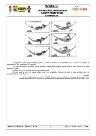 MÓDULO I
ORIENTAÇÕES PEDAGÓGICAS
LÍNGUA PORTUGUESA
4º ANO (2010)
PROJETO (CON)SEGUIR – MÓDULO 1 – 4º ANO 79 LÍNGUA PORTUGUESA - 2010
É importante criar oportunidades para o desenvolvimento da expressão oral, a partir da análise e
interpretação dos elementos da narrativa.
Em todas as línguas humanas ocorre variação. Há variação quando temos duas ou mais maneiras de falar
a mesma coisa.
A essas maneiras de falar denominamos variantes.
Sempre que o tema de suas aulas puder ser ampliado, relacione-o com a vida prática, com as
experiências de seus alunos.
Adaptado
Programa de Apoio a Leitura e Escrita – PRALER - Caderno de teoria e prática 1: a descoberta da leitura e da escrita.
Brasília: Sistema Nacional de Formação de Profissionais da Educação Básica. Ministério da Educação FNDE/MEC, 2007.
 
