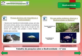 Biodiversidade
Trabalho de pesquisa sobre a Biodiversidade – 4.º ano
 