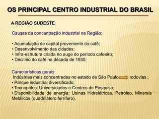 OS PRINCIPAL CENTRO INDUSTRIAL DO BRASILA REGIÃO SUDESTECausas da concentração industrial na Região: Acumulação de capital proveniente do café;