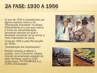 2a fase: 1930 a 1956 O ano de 1930 é considerado por alguns autores como o da "Revolução Industrial" no Brasil. Efetivamente é o ano que marca o início da industrialização (processo através do qual a atividade industrial vai se tornar a mais importante do país).Crise de 1929 e pela Revolução de 1930). "Substituição de importações". Estado começa a alterar o quadro, com o Governo Vargas criando as empresas estatais do setor de base, como a CSN (siderurgia), PETROBRÁS e a CVRD (mineração). 
