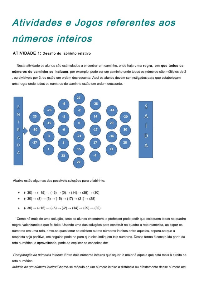 Atividades e jogos referentes aos números inteiros 7 ° ano | DOC