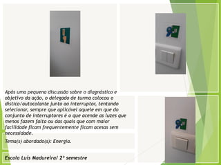 Escola Luís Madureira/ 2º semestre
Fotografia
Tema(s) abordado(s): Energia.
Após uma pequena discussão sobre o diagnóstico e
objetivo da ação, o delegado de turma colocou o
dístico/autocolante junto ao interruptor, tentando
selecionar, sempre que aplicável aquele em que do
conjunto de interruptores é o que acende as luzes que
menos fazem falta ou das quais que com maior
facilidade ficam frequentemente ficam acesas sem
necessidade.
 