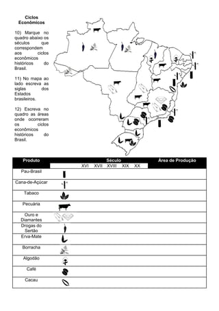 Ciclos
Econômicos
10) Marque no
quadro abaixo os
séculos que
correspondem
aos ciclos
econômicos
históricos do
Brasil.
11) No mapa ao
lado escreva as
siglas dos
Estados
brasileiros.
12) Escreva no
quadro as áreas
onde ocorreram
os ciclos
econômicos
históricos do
Brasil.
Produto Século Área de Produção
XVI XVII XVIII XIX XX
Pau-Brasil
Cana-de-Açúcar
Tabaco
Pecuária
Ouro e
Diamantes
Drogas do
Sertão
Erva-Mate
Borracha
Algodão
Café
Cacau
 