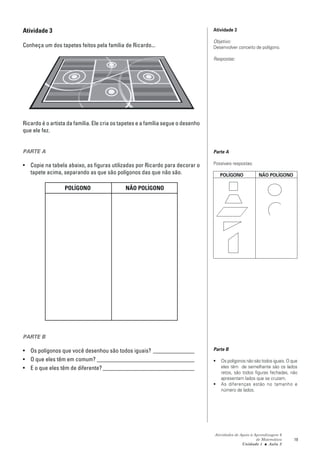 Atividade 3                                                                       Atividade 3

                                                                                  Objetivo:
Conheça um dos tapetes feitos pela família de Ricardo...                          Desenvolver conceito de polígono.

                                                                                  Respostas:




Ricardo é o artista da família. Ele cria os tapetes e a família segue o desenho
que ele fez.


PARTE A                                                                           Parte A

• Copie na tabela abaixo, as figuras utilizadas por Ricardo para decorar o        Possíveis respostas:
  tapete acima, separando as que são polígonos das que não são.                       POLÍGONO           NÃO POLÍGONO

                  POLÍGONO                   NÃO POLÍGONO




PARTE B

• Os polígonos que você desenhou são todos iguais? ______________                 Parte B

• O que eles têm em comum? _________________________________                      •   Os polígonos não são todos iguais. O que
• E o que eles têm de diferente? _______________________________                      eles têm de semelhante são os lados
                                                                                      retos, são todos figuras fechadas, não
                                                                                      apresentam lados que se cruzam.
                                                                                  •   As diferenças estão no tamanho e
                                                                                      número de lados.




                                                                                  Atividades de Apoio à Aprendizagem 6
                                                                                                         de Matemática      19
                                                                                                 Unidade 1 ■ Aula 2
 