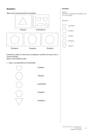 Atividade 2                                                             Atividade 2

                                                                        Objetivo:
Agora veja como Leonardo fez a atividade:                               Apresentar nomenclatura para polígonos de
                                                                        3, 4, 5, 6 e 8 lados.


                                                                        Respostas:


                                                                                  quadrilátero

                  Triângulo                 Quadriláteros
                                                                                  hexágono


                                                                                  octógono


                                                                                  pentágono


                                                                                  triângulo
     Pentágono                 Hexágono                      Octógono


Leonardo já sabia os nomes que os polígonos recebem de acordo com o
número de lados.
Agora, você também já sabe.

• Faça a correspondência corretamente:

                                              octógono



                                              triângulo



                                              quadrilátero



                                              hexágono



                                              pentágono




                                                                        Atividades de Apoio à Aprendizagem 6
                                                                                               de Matemática   27
                                                                                       Unidade 1 ■ Aula 5
 