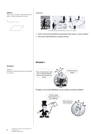 PARTE B                                          PARTE B
Hoje, o ponto, a reta e o plano são represen-
tados no papel da seguinte maneira:


___________________




                                                 • Como você acha que podemos representar hoje o ponto, a reta e o plano?
                                                 • Faça essa representação no espaço abaixo:




                                                 Atividade 4
Atividade 4

Objetivo:
Desenvolver idéia da extensão infinita do pla-                                                   É melhor chamar o
                                                 Cada um representou o plano                          mágico!
no e da reta.
                                                  com um tamanho diferente.
                                                  Afinal, qual é o tamanho do
                                                             plano?




                                                 O mágico, com muita habilidade, tira da cartola um prisma e explica:


                                                                      Cada face desse
                                                                     prisma está em um
                                                                       plano diferente.
                                                                                          Então o plano é a
                                                                                           face do prisma?




        Atividades de Apoio à Aprendizagem 6
50      de Matemática
        Unidade 2 ■ Aula 2
 