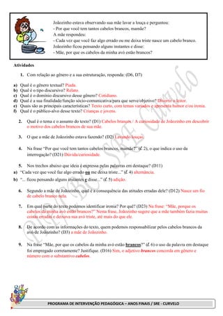 PROGRAMA DE INTERVENÇÃO PEDAGÓGICA – ANOS FINAIS / SRE - CURVELO
Atividades
1. Com relação ao gênero e a sua estruturação, responda: (D6, D7)
a) Qual é o gênero textual? Piada.
b) Qual é o tipo discursivo? Relato.
c) Qual é o domínio discursivo desse gênero? Cotidiano.
d) Qual é a sua finalidade/função sócio-comunicativa/para que serve/objetivo? Divertir o leitor.
e) Quais são as principais características? Texto curto, com temas variados e apresenta humor e/ou ironia.
f) Qual é o público-alvo desse texto? Crianças e jovens.
2. Qual é o tema e o assunto do texto? (D1) Cabelos brancos / A curiosidade de Joãozinho em descobrir
o motivo dos cabelos brancos de sua mãe.
3. O que a mãe de Joãozinho estava fazendo? (D2) Lavando louças.
4. Na frase “Por que você tem tantos cabelos brancos, mamãe?” (l. 2), o que indica o uso da
interrogação? (D21) Dúvida/curiosidade.
5. Nos trechos abaixo que ideia é expressa pelas palavras em destaque? (D11)
a) “Cada vez que você faz algo errado ou me deixa triste...” (l. 4) alternância.
b) “... ficou pensando alguns instantes e disse...” (l. 5) adição.
6. Segundo a mãe de Joãozinho, qual é a consequência das atitudes erradas dele? (D12) Nasce um fio
de cabelo branco nela.
7. Em qual parte do texto podemos identificar ironia? Por quê? (D23) Na frase: “Mãe, porque os
cabelos da minha avó estão brancos?” Nesta frase, Joãozinho sugere que a mãe também fazia muitas
coisas erradas e deixava sua avó triste, até mais do que ele.
8. De acordo com as informações do texto, quem podemos responsabilizar pelos cabelos brancos da
avó de Joãozinho? (D3) a mãe de Joãozinho.
9. Na frase “Mãe, por que os cabelos da minha avó estão brancos?” (l. 6) o uso da palavra em destaque
foi empregado corretamente? Justifique. (D16) Sim, o adjetivo brancos concorda em gênero e
número com o substantivo cabelos.
Joãozinho estava observando sua mãe lavar a louça e perguntou:
- Por que você tem tantos cabelos brancos, mamãe?
A mãe respondeu:
- Cada vez que você faz algo errado ou me deixa triste nasce um cabelo branco.
Joãozinho ficou pensando alguns instantes e disse:
- Mãe, por que os cabelos da minha avó estão brancos?
 