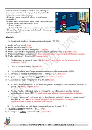 PROGRAMA DE INTERVENÇÃO PEDAGÓGICA – ANOS FINAIS / SRE - CURVELO
Atividades
1. Com relação ao gênero e a sua estruturação, responda: (D6, D7)
a) Qual é o gênero textual? Piada.
b) Qual é o tipo discursivo? Relato.
c) Qual é o domínio discursivo desse gênero? Cotidiano.
d) Qual é a sua finalidade/função sócio-comunicativa/para que serve/objetivo? Divertir o leitor.
e) Quais são as principais características? Texto curto, com temas variados e apresenta humor e/ou ironia.
f) Qual é o público-alvo desse texto? Crianças e jovens.
2. Qual é o tema e o assunto do texto? (D1) Entrevista / Um brasileiro que faz uma entrevista de
emprego em Lisboa.
3. Onde se passa a história? (D2) Em Lisboa.
4. Nos trechos abaixo identifique a quem/que se referem as palavras destacadas: (D15)
a) “... apresenta-se para responder a um anúncio de emprego.” (l. 1,2) brasileiro.
b) “... quem poderia me dar referências suas?” (l. 7) entrevistador / brasileiro.
c) “.... disseram que eu era o responsável!!!” (l. 10,11) brasileiro.
5. Na frase “A Polícia Federal?!” o uso da exclamação e da interrogação, simultaneamente, dão ideia de
que? (D21) Espanto, surpresa, dúvida.
6. Na frase “Então o senhor está diante da pessoa certa. – diz o brasileiro.”, justifique o uso do
travessão entre as frases. (D21) Foi usada para separar a fala do personagem da fala do narrador.
7. A palavra “responsável” empregada tanto na linha 5 quanto na linha 11 possuem o mesmo sentido?
Justifique. (D5 e D28) Não. Na linha 5, tem significado de compromisso, honestidade,
responsabilidade. Na linha 11, tem significado de culpa.
8. Nos trechos abaixo que ideia é expressa pelas palavras em destaque? (D11)
a) “A certa da altura da entrevista...” (l. 2,3) tempo.
b) “...uma pessoa bastante responsável!” (l. 4,5) intensidade.
Um brasileiro recém-chegado a Lisboa apresenta-se para
responder a um anúncio de emprego. A certa da altura da
entrevista, o entrevistador comenta:
- Para esse cargo é imprescindível uma pessoa bastante
responsável!
- Então o senhor está diante da pessoa certa. – diz o brasileiro.
- E quem poderia me dar referências suas?
- A Polícia Federal!
- A Polícia Federal?! - espanta-se o entrevistador. – Como assim?
- No desfalque do Banco em que trabalhava eles disseram que eu
era o responsável!!!
 