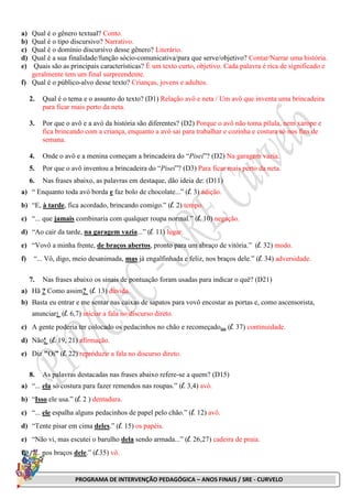PROGRAMA DE INTERVENÇÃO PEDAGÓGICA – ANOS FINAIS / SRE - CURVELO
a) Qual é o gênero textual? Conto.
b) Qual é o tipo discursivo? Narrativo.
c) Qual é o domínio discursivo desse gênero? Literário.
d) Qual é a sua finalidade/função sócio-comunicativa/para que serve/objetivo? Contar/Narrar uma história.
e) Quais são as principais características? É um texto curto, objetivo. Cada palavra é rica de significado e
geralmente tem um final surpreendente.
f) Qual é o público-alvo desse texto? Crianças, jovens e adultos.
2. Qual é o tema e o assunto do texto? (D1) Relação avô e neta / Um avô que inventa uma brincadeira
para ficar mais perto da neta.
3. Por que o avô e a avó da história são diferentes? (D2) Porque o avô não toma pílula, nem xarope e
fica brincando com a criança, enquanto a avó sai para trabalhar e cozinha e costura só nos fins de
semana.
4. Onde o avô e a menina começam a brincadeira do “Pisei”? (D2) Na garagem vazia.
5. Por que o avô inventou a brincadeira do “Pisei”? (D3) Para ficar mais perto da neta.
6. Nas frases abaixo, as palavras em destaque, dão ideia de: (D11)
a) “ Enquanto toda avó borda e faz bolo de chocolate...” (l. 3) adição.
b) “E, à tarde, fica acordado, brincando comigo.” (l. 2) tempo.
c) “... que jamais combinaria com qualquer roupa normal.” (l. 10) negação.
d) “Ao cair da tarde, na garagem vazia...” (l. 11) lugar.
e) “Vovô a minha frente, de braços abertos, pronto para um abraço de vitória.” (l. 32) modo.
f) “... Vô, digo, meio desanimada, mas já engalfinhada e feliz, nos braços dele.” (l. 34) adversidade.
7. Nas frases abaixo os sinais de pontuação foram usadas para indicar o quê? (D21)
a) Hã ? Como assim? (l. 13) dúvida.
b) Basta eu entrar e me sentar nas caixas de sapatos para vovô encostar as portas e, como ascensorista,
anunciar: (l. 6,7) iniciar a fala no discurso direto.
c) A gente poderia ter colocado os pedacinhos no chão e recomeçado... (l. 37) continuidade.
d) Não! (l. 19, 21) afirmação.
e) Diz "Oi” (l. 22) reproduzir a fala no discurso direto.
8. As palavras destacadas nas frases abaixo refere-se a quem? (D15)
a) “... ela só costura para fazer remendos nas roupas.” (l. 3,4) avó.
b) “Isso ele usa.” (l. 2 ) dentadura.
c) “... ele espalha alguns pedacinhos de papel pelo chão.” (l. 12) avô.
d) “Tente pisar em cima deles.” (l. 15) os papéis.
e) “Não vi, mas escutei o barulho dela sendo armada...” (l. 26,27) cadeira de praia.
f) “... nos braços dele.” (l.35) vô.
 