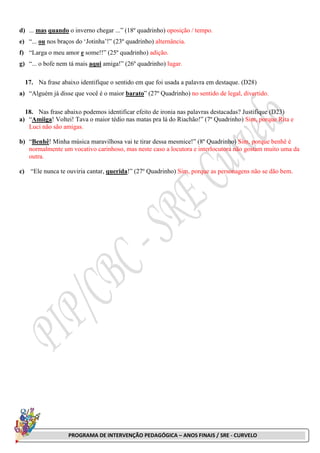 PROGRAMA DE INTERVENÇÃO PEDAGÓGICA – ANOS FINAIS / SRE - CURVELO
d) ... mas quando o inverno chegar ...” (18º quadrinho) oposição / tempo.
e) “... ou nos braços do ‘Jotinha’!” (23º quadrinho) alternância.
f) “Larga o meu amor e some!!” (25º quadrinho) adição.
g) “... o bofe nem tá mais aqui amiga!” (26º quadrinho) lugar.
17. Na frase abaixo identifique o sentido em que foi usada a palavra em destaque. (D28)
a) “Alguém já disse que você é o maior barato” (27º Quadrinho) no sentido de legal, divertido.
18. Nas frase abaixo podemos identificar efeito de ironia nas palavras destacadas? Justifique (D23)
a) “Amiiga! Voltei! Tava o maior tédio nas matas pra lá do Riachão!” (7º Quadrinho) Sim, porque Rita e
Luci não são amigas.
b) “Benhê! Minha música maravilhosa vai te tirar dessa mesmice!” (8º Quadrinho) Sim, porque benhê é
normalmente um vocativo carinhoso, mas neste caso a locutora e interlocutora não gostam muito uma da
outra.
c) “Ele nunca te ouviria cantar, querida!” (27º Quadrinho) Sim, porque as personagens não se dão bem.
 