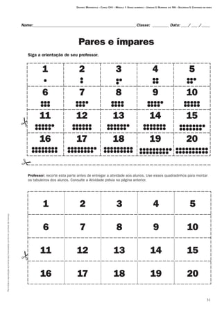 Permitidaareproduçãosomenteaoslicenciadosconformecontratodelicença.
31
Destino: Matemática – Curso: CH I – Módulo 1: Senso numérico – Unidade 3: Números até 100 – Seqüência 5: Contando em pares
Nome:___________________________________________________Classe: _________ Data:____/____ /_____
Pares e ímpares
1 2 3 4 5
6 7 8 9 10
11 12 13 14 15
16 17 18 19 20
1 2 3 4 5
6 7 8 9 10
11 12 13 14 15
16 17 18 19 20
Siga a orientação de seu professor.
Professor: recorte esta parte antes de entregar a atividade aos alunos. Use esses quadradinhos para montar
os tabuleiros dos alunos. Consulte a Atividade prévia na página anterior.
 