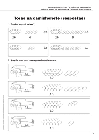 75
Permitidaareproduçãosomenteaoslicenciadosconformecontratodelicença.
Destino: Matemática – Curso: CH I – Módulo 1: Senso numérico –
Unidade 3: Números até 100 – Seqüência 4: Contando em grupos de 10 e de 5
Toras na caminhonete (respostas)
1. Quantas toras há ao todo?
10 4 10 8
18
1712
14
10
10
10
10
13
15
12
11
2. Desenhe mais toras para representar cada número.
 