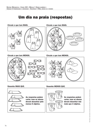 76
Permitidaareproduçãosomenteaoslicenciadosconformecontratodelicença.
Destino: Matemática – Curso: CH I – Módulo 1: Senso numérico –
Unidade 4: Comparando e ordenando – Seqüência 1: Mais, menos ou o mesmo
Um dia na praia (respostas)
Circule o que tem MAIS. Circule o que tem MAIS.
Circule o que tem MENOS. Circule o que tem MENOS.
Desenhe MAIS QUE. Desenhe MENOS QUE.
As respostas podem
variar, mas os alunos
devem desenhar pelo
menos 6 objetos.
As respostas podem
variar, mas os alunos
devem desenhar não
mais que 3 objetos.
 