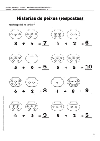 77
Permitidaareproduçãosomenteaoslicenciadosconformecontratodelicença.
Destino: Matemática – Curso: CH I – Módulo 2: Adição e subtração –
Unidade 1: Adição – Seqüência 1: Combinando e agrupando até 10
Histórias de peixes (respostas)
6
10
9
5
5
7
8
9
Quantos peixes há ao todo?
 
