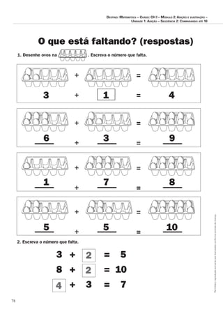78
Permitidaareproduçãosomenteaoslicenciadosconformecontratodelicença.
Destino: Matemática – Curso: CH I – Módulo 2: Adição e subtração –
Unidade 1: Adição – Seqüência 2: Comparando até 10
O que está faltando? (respostas)
1. Desenhe ovos na . Escreva o número que falta.
2. Escreva o número que falta.
3 4
6 93
1
1 8
5 10
7
5
3 + 2 = 5
8 + 2 = 10
4 + 3 = 7
=+
=+
=+
=+
=+
=+
=+
=+
 