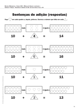 79
Permitidaareproduçãosomenteaoslicenciadosconformecontratodelicença.
Destino: MateMática – curso: cH i – MóDulo 2: aDição e subtração –
uniDaDe 1: aDição – seqüência 3: soMas até 20, coM uMa parcela igual a 10
Sentenças de adição (respostas)
Faça em cada quadro e, depois, pinte-os. Escreva o número que falta em cada .
mais é igual a
10 + 4 = 14
mais é igual a
10 + 6 = 16
mais é igual a
10 + 1 = 11
mais é igual a
10 + 3 = 13
 