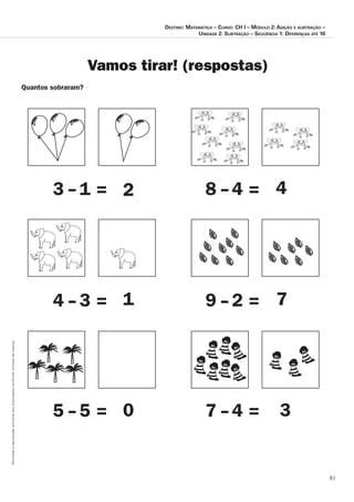 81
Permitidaareproduçãosomenteaoslicenciadosconformecontratodelicença.
Destino: Matemática – Curso: CH I – Módulo 2: Adição e subtração –
Unidade 2: Subtração – Seqüência 1: Diferenças até 10
Vamos tirar! (respostas)
Quantos sobraram?
3 - 1 = 8 - 4 =
4 - 3 = 9 - 2 =
5 - 5 = 7 - 4 =
4
7
3
1
0
2
 