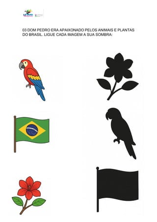 03 DOM PEDRO ERA APAIXONADO PELOS ANIMAIS E PLANTAS
DO BRASIL. LIGUE CADA IMAGEM A SUA SOMBRA:
 