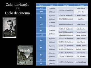 Turma Data Hora/Sala Professor
10ºC 27/janeiro
(3ªfeira)
15.05/16.35 (Auditório)
Isabel Duarte
10ºD Áurea Silva
9ºC
28/janeiro
(4ªfeira)
9.00/9.45 (Auditório) Teresa Estrada
9.45/10.30 (Auditório) Luís Reis
12ºC
28/janeiro
(4ªfeira)
9.00/10.30 (Biblioteca) Isabel Duarte
9ºD 29/janeiro
(5ªfeira)
9.00/9.45 (Auditório) Alda Carvalho
9.45/10.30 (Auditório) Teresa Estrada
11ºC 9.00/10.30 (Biblioteca) Hélder Gouveia
9ºB
29/janeiro
(5ªfeira)
15.05/15.50 (Auditório) Alda Carvalho
15.50/16.35 (Auditório) Isabel Duarte
8ºF
30/janeiro
(6ªfeira)
11:30/12:15 (Auditório) Elisabete Oliveira
12:20/13:05 (Auditório) Deolinda Moreira
9ºA
2/fevereiro
(2ªfeira)
14.05/14.50 (Auditório) Isabel Duarte
15.05/16.35 (Auditório) José Bonifácio
9ºE 4/fevereiro
(4ªfeira)
14:05/16:35 (Auditório) Ana Paula Gaspar
9ºG
Calendarização
do
Ciclo de cinema
 