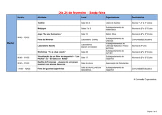 Dia 24 de fevereiro – Sexta-feira
        Horário         Atividade                                     Local                     Organizadores                 Destinatários

                        Xadrez                                        Sala SG 3                 Clube de Xadrez               Alunos 1º,2º e 3º Ciclos

                                                                                                Subdepartamento de
                        Matjogos                                      Salas 7 e 5                                             Alunos do 2º e 3º Ciclos
                                                                                                Matemática

                        Jogo “Eu sou Guimarães”                       Sala 10                   Belém Silva                   Alunos do 2º e 3º Ciclos
        9h00 – 12h30
                                                                                                Subdepartamento de
                        Feira de Minerais                             Laboratório Galileu                                     Comunidade Educativa
                                                                                                Ciências
Manhã                                                                                           Subdepartamentos de
                                                                      Laboratórios
                        Laboratório Aberto                                                      Ciências Naturais e Físico-   Alunos do 4º ano
                                                                      Darwin e Einestein
                                                                                                químicas
                                                                                                Subdepartamento de
                        Workshop “Tu e a tua cidade”                  Sala 28                                                 Alunos do 2º e 3º Ciclos
                                                                                                EVT/EV
                        Visualização de um filme em espanhol – “Los                             Subdepartamento de
        9h30 – 11h00                                                  Sala 17                                                 Alunos do 2º e 3º Ciclos
                        Pitufos” ou “ El Gato con Botas”                                        Espanhol
                        Desfile de Fantasias - atuação de um grupo
        9h30 – 11h30                                                  Sala do aluno             Associação de Estudantes
                        musical com alunos da escola
                                                                      Sala do aluno junto aos   Subdepartamento de
        11h00 – 12h30   Feira de Iguarias Espanholas                                                                          Comunidade Educativa
                                                                      laboratórios              Espanhol



                                                                                                                                A Comissão Organizadora,




                                                                                                                                                 Página 3 de 3
 
