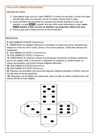11
DESAFIOS.
REGRAS DO JOGO:
1) Cada jogador joga uma vez o dado (ANEXO 1) e anda com seu pião o número de casas
indicado pelo dado, por exemplo, se tirar 5 no dado, deverá andar 5 casas.
2) Casas coloridas são chamadas de surpresas que estarão descritas na casa, por
exemplo, na casa PRETA o jogador terá que voltar casas estipuladas no jogo, casas
CINZA desafios a fazer, se errar os desafios e as perguntas voltará uma casa,
3) Vence o jogo quem chegar primeiro ao final do tabuleiro.
2- QUE SIMBOLO É ESTE? (Hinduísmo)
8 - SABER MAIS: As religiões influenciam a formação e a cultura dos povos, orientado seus
adeptos no modo de viver e comer, pensar, entre outros aspectos. Todas elas precisam ser
respeitadas
9 - QUE SIMBOLO E ESTE? (Cristianismo)
13- QUE SÍMBOLO É ESTE? (Judaísmo)
16- SABER MAIS: Ao colonizar o Brasil, os portugueses introduziram no Brasil o catolicismo,
que é uma religião cristã, e começaram a catequizar os indígenas e, posteriormente, os
negros escravizados, que tinham crenças religiosas diferentes.
34- QUE SIMBOLO E ESTE? (Islamismo)
39- QUE SIMBOLO E ESTE? (Budismo)
43- Pesquise nas atividades não presenciais algumas religiões praticadas no Brasil, e leia em
voz alta para os demais jogadores.
52- Pesquisem nas atividades não presenciais, quais comidas os Judeus e Muçulmanos não
comem devido as suas religiões.
 
