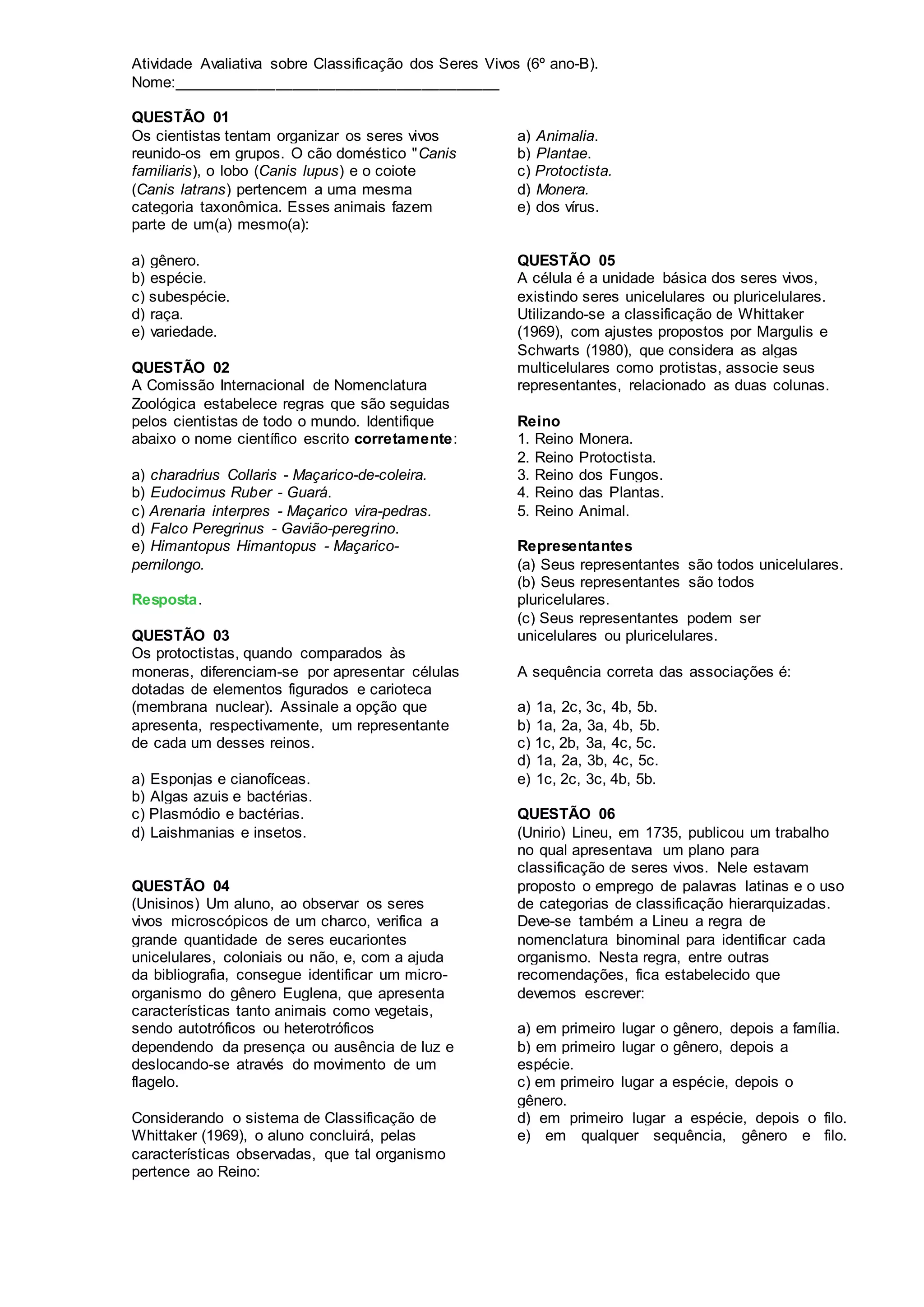 Atividade sobre classificação dos seres vivos | DOCX
