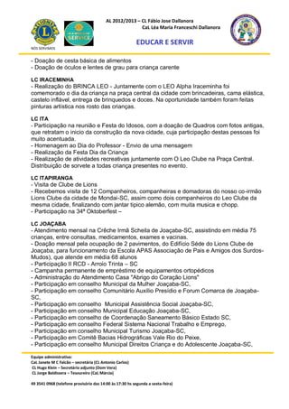 AL 2012/2013 – CL Fábio Jose Dallanora
                                                        CaL Léa Maria Franceschi Dallanora

                                                         EDUCAR E SERVIR
NÓS SERVIMOS


- Doação de cesta básica de alimentos
- Doação de óculos e lentes de grau para criança carente

LC IRACEMINHA
- Realização do BRINCA LEO - Juntamente com o LEO Alpha Iraceminha foi
comemorado o dia da criança na praça central da cidade com brincadeiras, cama elástica,
castelo inflável, entrega de brinquedos e doces. Na oportunidade também foram feitas
pinturas artística nos rosto das crianças.

LC ITA
- Participação na reunião e Festa do Idosos, com a doação de Quadros com fotos antigas,
que retratam o inicio da construção da nova cidade, cuja participação destas pessoas foi
muito acentuada.
- Homenagem ao Dia do Professor - Envio de uma mensagem
- Realização da Festa Dia da Criança
- Realização de atividades recreativas juntamente com O Leo Clube na Praça Central.
Distribuição de sorvete a todas criança presentes no evento .

LC ITAPIRANGA
- Visita de Clube de Lions
- Recebemos visita de 12 Companheiros, companheiras e domadoras do nosso co-irmão
Lions Clube da cidade de Mondai-SC, assim como dois companheiros do Leo Clube da
mesma cidade, finalizando com jantar tipico alemão, com muita musica e chopp.
- Participação na 34ª Oktoberfest –

LC JOAÇABA
- Atendimento mensal na Crêche Irmã Scheila de Joaçaba-SC, assistindo em média 75
crianças, entre consultas, medicamentos, exames e vacinas.
- Doação mensal pela ocupação de 2 pavimentos, do Edifício Séde do Lions Clube de
Joaçaba, para funcionamento da Escola APAS Associação de Pais e Amigos dos Surdos-
Mudos), que atende em média 68 alunos
- Participação II RCD - Arroio Trinta – SC
- Campanha permanente de empréstimo de equipamentos ortopédicos
- Administração do Atendimento Casa "Abrigo do Coração Lions"
- Participação em conselho Municipal da Mulher Joaçaba-SC,
- Participação em conselho Comunitário Auxílio Presídio e Forum Comarca de Joaçaba-
SC,
- Participação em conselho Municipal Assistência Social Joaçaba-SC,
- Participação em conselho Municipal Educação Joaçaba-SC,
- Participação em conselho de Coordenação Saneamento Básico Estado SC,
- Participação em conselho Federal Sistema Nacional Trabalho e Emprego,
- Participação em conselho Municipal Turismo Joaçaba-SC,
- Participação em Comitê Bacias Hidrográficas Vale Rio do Peixe,
- Participação em conselho Municipal Direitos Criança e do Adolescente Joaçaba-SC,

Equipe administrativa:
CaL Janete M C Falcão – secretária (CL Antonio Carlos)
CL Hugo Klein – Secretário adjunto (Dom Vera)
CL Jorge Baldissera – Tesoureiro (CaL Márcia)

49 3541 0968 (telefone provisório das 14:00 às 17:30 hs segunda a sexta-feira)
 