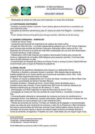 AL 2012/2013 – CL Fábio Jose Dallanora
                                                        CaL Léa Maria Franceschi Dallanora

                                                         EDUCAR E SERVIR
NÓS SERVIMOS


- Realização de testes de visão que será realizado no nosso Dia da Saúde,

LC CURITIBANOS CENTENÁRIO
- Doações a pessoas idosas e carentes. Foram doados gêneros alimentícios e empréstimo de
uma cadeira de rodas.
- Doações de Generos alimentícios para 51 idosos do Asilo Frei Rogério - Curitibanos-
SC
- Foram doados diversos brinquedos para crianças carentes, referente ao dia da criança.

LC DIONISIO CERQUEIRA – BARRACÃO
- II RCD em Arroio Trinta
- Campanha permanente de empréstimo de cadeira de rodas e afins.
- Projeto De Olho No Céu - no Clube Independente palestra com o Profº Gilmar Palestras
para crianças das escolas de Dionisio Cerqueira, Barracão e Bom Jesus do Sul - Os
Segredos do Universo e na parte da noite feito vizualização da Lua com dois telescópios.
O evento bonificou 3.300 crianças.
- Rdealizado o XXII Café Colonial com objetivo dearrecadar fundos para compra de
óculos e realização de consultas oftalmológicas para pessoas carentes. Foramservidas
cerca de 550 pessoas no café.
- Encaminhado ao Hospital dos Olhos em Passo Fundo a criança Luciano Gabriel Moraes
encaminhado para cirurgia de Peptose de palpebras.

LC ERVAL VELHO
- Empréstimo de aparelhos ortopédicos para idosos e ou deficientes físicos.
- Palestras e doações a pessoas idosas e carentes. São doados alguns pacotes de
fraldas geriátricas a um Jovem adulto que encontra-se acamado a anos. Obs.: Esta
doação é feita regularmente todos os meses.
F- Doado um óculos a adolescente com 12 anos de idade, moradora do Bairro Bela Vista
próximo a propriedade do Senhor Osvaldo Marcon.
Atividade de leitura - Doação de livros - foram feitas várias atividades para o
entretenimento das crianças. Foram distribuídos 500 livros de histórias clássicas de
literatura infantil para as crianças de 06 meses à 11 anos.
- Participação na ll RCD realizada na sede do Município de Arroio Trinta,
- Divulgação do Cartaz da Paz nas escolas de nosso Distrito e escolhido o Cartaz da
Paz.
- Conscientização referente à necessidade de mudança em torno do recolhimento e
separação do lixo, lixo eletrônico, sacolas retornáveis, plantio de árvores e limpeza de rios
além de todos os outros perigos que o meio ambiente sofre.
- Plantio de sementes de árvores. Foi feito um trabalho de divulgação e conscientização
antes nas salas de aula mostrando às crianças o valor de se Preservar o Meio Ambiente.
Na mesma oportunidade da festa das crianças foram dados balões cheios de gaz com
sementes de árvores nativas e dentro do mesmo balão continha um bilhete dizendo o
nome da semente, divulgando o Trabalho do Lions. Este balão caiu em algum lugar muito

Equipe administrativa:
CaL Janete M C Falcão – secretária (CL Antonio Carlos)
CL Hugo Klein – Secretário adjunto (Dom Vera)
CL Jorge Baldissera – Tesoureiro (CaL Márcia)

49 3541 0968 (telefone provisório das 14:00 às 17:30 hs segunda a sexta-feira)
 